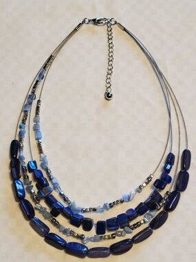 Four-Strand Mixed Blue Colors and Sizes Beaded Statement Necklace